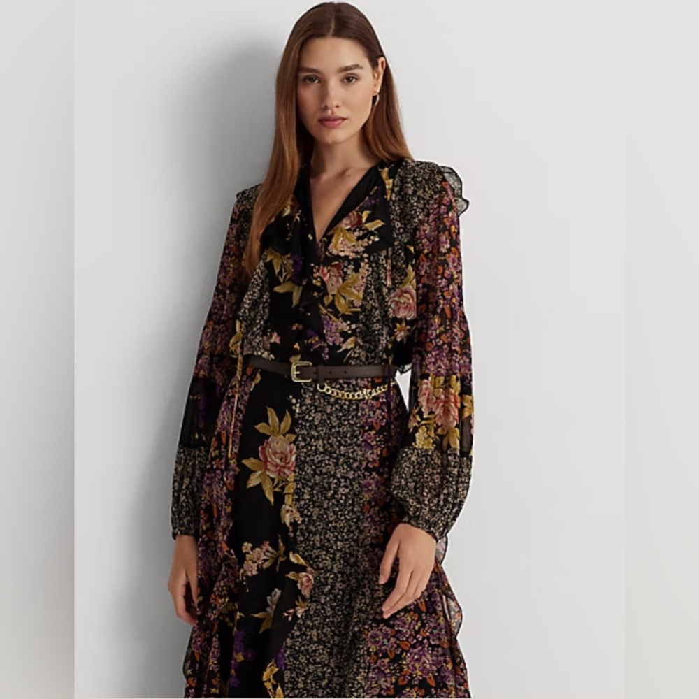 Lauren Ralph Lauren 2 Piece Floral Ruffle-Trim Georgette Blouse Skirt Set Size M